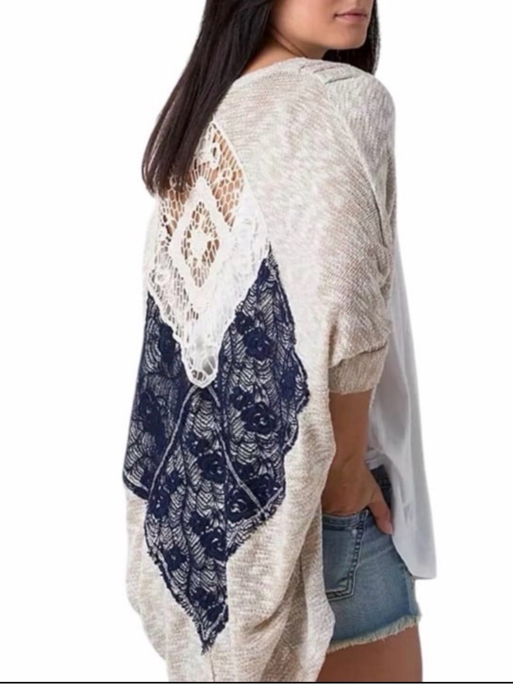 Swell Open Front Lace Back Cardigan in Pink & Cream Size Medium